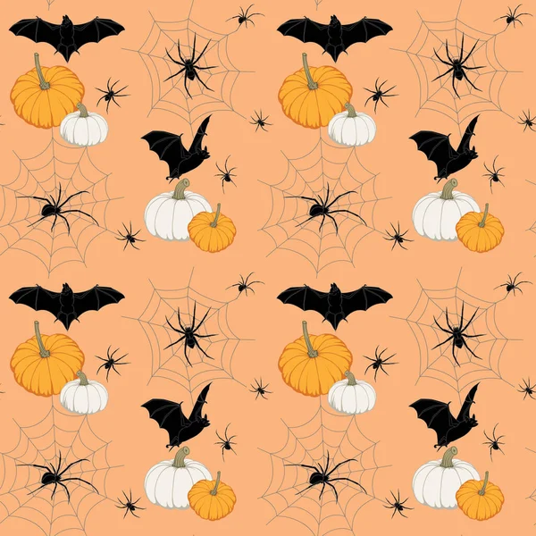 Halloween Fledermaus Mit Kürbis Und Spinnen — Stockvektor