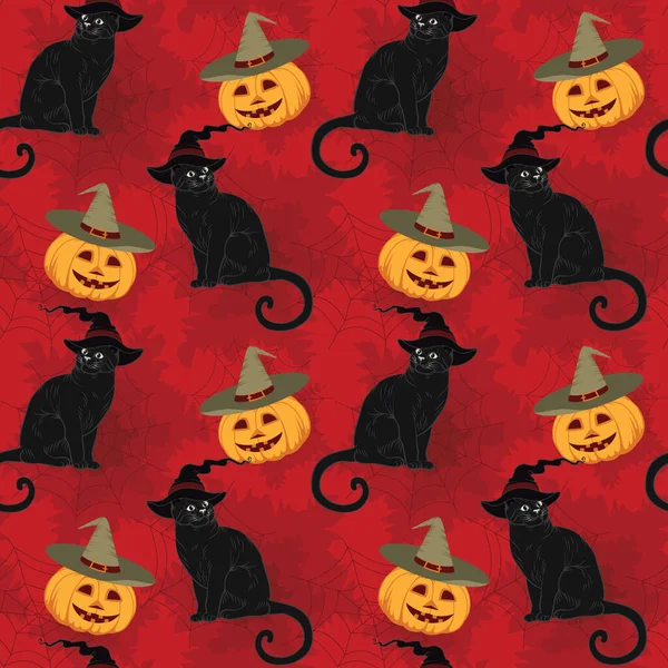 Abóboras Temáticas Halloween Com Gato Bruxa — Vetor de Stock