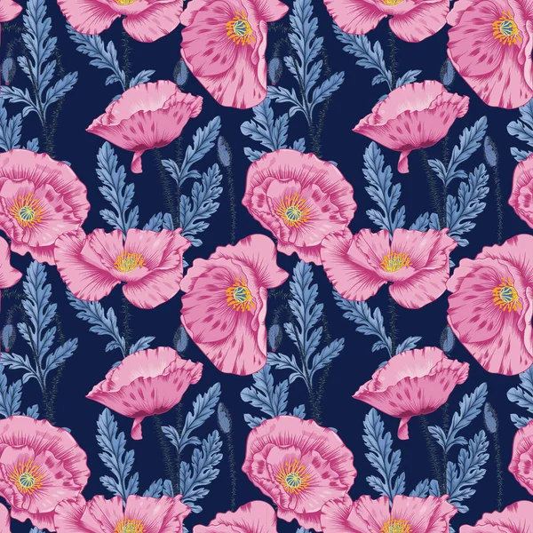 Απρόσκοπτη Ροζ Papaver Rhoeas Λουλούδια Μπλε Φύλλα Μοτίβο — Διανυσματικό Αρχείο