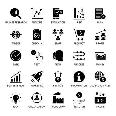 İş ve finans yönetimi, vektör siluet simgeleri ayarlandı. Görev hedefi fikir bilgisi gelir pazarlama takımı para kazancını ve daha fazlasını test ediyor. Web ve mobil için izole iş simgeleri koleksiyonu.