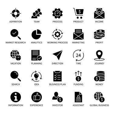 İş ve finans yönetimi, vektör siluet simgeleri ayarlandı. Gelir pazarlama zamanı yatırımcısı para kazancını ve daha fazlasını araştırıyor. Web ve mobil için izole iş simgeleri koleksiyonu.