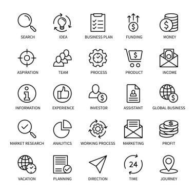 İş ve finans yönetimi, vektör doğrusal simgeler ayarlandı. Para arama fikri gelir pazarlama zaman ekibi yatırımcısı ve daha fazlası. Web ve mobil için izole edilmiş iş simgeleri koleksiyonu. Düzenlenebilir vuruş. 