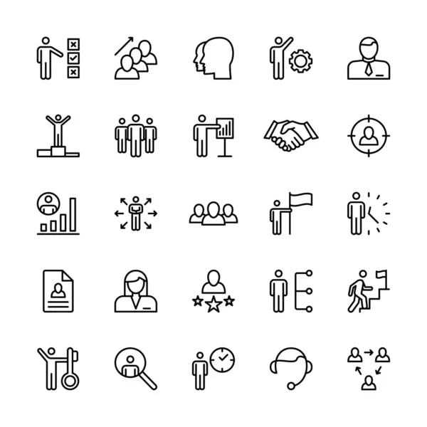 Business people, vector linear icons set. Business management. Interaction, trust handshake, work, success and more. Isolated collection icons of business people for websites. Editable stroke.