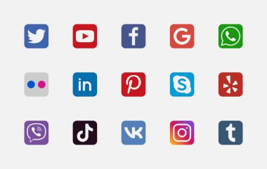 Vektör olarak sosyal medya simgeleri kümesi. Web siteleri ve mobil uygulamalar için sosyal medya simgelerinin farklı şekilleri ve renk tasarımı popüler. İzole koleksiyon.