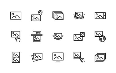 Fotoğraf vektörü doğrusal simgeleri ayarlandı. Fotoğraf yöneticiliği. Kamera, konum, resim, düzenleme, baskı, galeri gibi simgeler içerir. Web siteleri simgesi ve cep telefonu için izole edilmiş fotoğraf koleksiyonu.