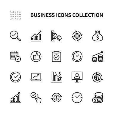 İş ve finans vektör doğrusal simgeleri. İşletme. Görev planı pazarlama ekibi parası ve daha fazlası. Web siteleri ve mobil cihazlar için iş ve finans simgeleri koleksiyonu. Düzenlenebilir vuruş.