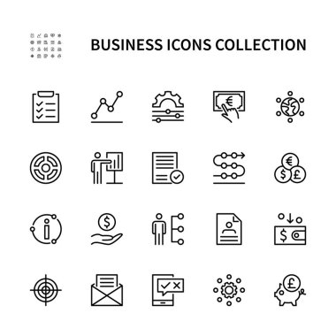 İş ve finans vektör doğrusal simgeleri. İşletme. Pazarlama bilgi planı hedef takım parası ve daha fazlası. Web siteleri ve mobil cihazlar için iş simgeleri koleksiyonu. Düzenlenebilir vuruş.