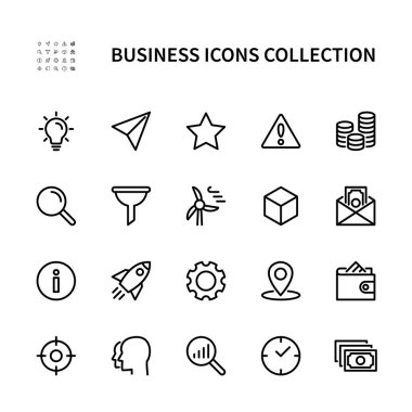 İş ve finans vektör doğrusal simgeleri. İşletme. Fikir, kâr, zaman, takım, pazarlama, hedef, risk ve daha fazlası. Web siteleri ve mobil cihazlar için iş simgeleri koleksiyonu. Düzenlenebilir vuruş.