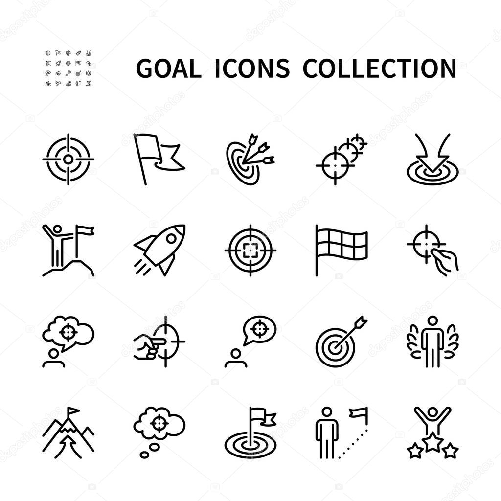 Goal vector linear icons set. Business goal. Success, achievement, victory, mission path, progress and more. Isolated collection of goal and target for web sites icon on white background.