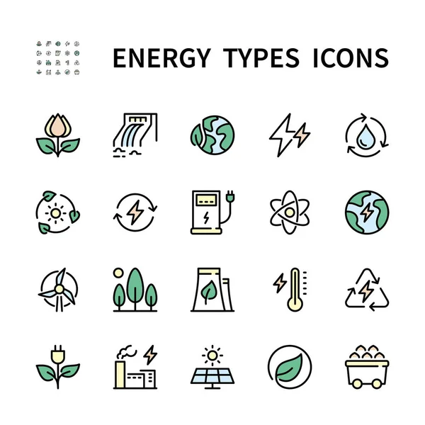 Types Icônes Couleur Vectorielle Énergie Types Énergie Eau Cellules Solaires — Image vectorielle