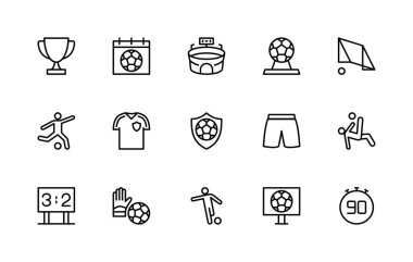 Futbolla ilgili vektör doğrusal simgeleri ayarlandı. Kupa, kupa, şampiyonluk, stadyum, kapı, top, oyuncu, üniforma gibi izole ikon koleksiyonu. Futbolla ilgili izole simge koleksiyonu.