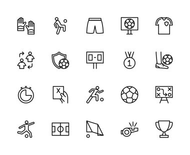 Futbolla ilgili vektör doğrusal simgeleri ayarlandı. Eldiven, skor tabelası, taktik, gömlek, şort, strateji, kapı ve daha fazlası gibi ikonlar içeriyor. Beyaz arkaplanda izole futbol ikonları koleksiyonu.