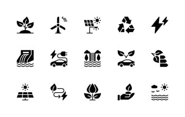 Enerji tasarrufu vektör silueti simgeleri ayarlandı. Şelale, dalga, bisiklet, fener, ışık, el, çiçek, ağaçlar gibi izole ikon koleksiyonu. Enerji tasarrufu ile ilgili izole simge koleksiyonu.