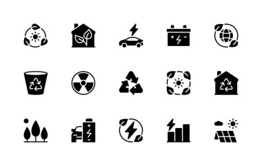 Enerji tasarrufu vektör silueti simgeleri ayarlandı. Bisiklet, güneş, elektrik, güneş panelleri, artı, eksi, şarj ve daha fazlası gibi izole ikon koleksiyonu. Enerji tasarrufu ile ilgili izole simge koleksiyonu.
