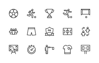 Football related vector linear icons set. Isolated icon collection such as ball, player, cup, trophy, gate, uniform, shirt, shorts, strategy and more. Isolated icon collection of football related.