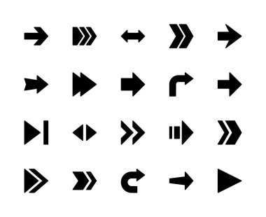 Oklarla ilgili vektör silueti simgeleri ayarlandı. Yeniden yükleme, tazeleme, geri alma, geri alma, geri, ileri, senkronize ve daha fazlası gibi simgeler içerir. Beyaz arkaplanda izole edilmiş okla ilgili simgeler koleksiyonu.