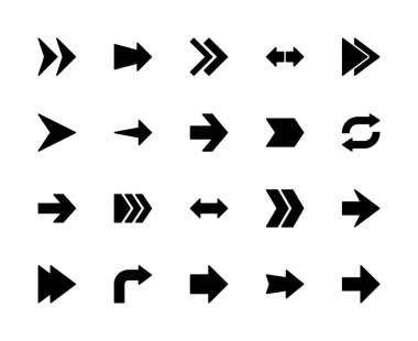 Oklarla ilgili vektör silueti simgeleri ayarlandı. Ok gibi simgeler içerir, yukarı, aşağı, sola, sağa, çapraz, kıvrımlı, yuvarlak ve daha fazla. Beyaz arkaplanda izole edilmiş okla ilgili simgeler koleksiyonu.