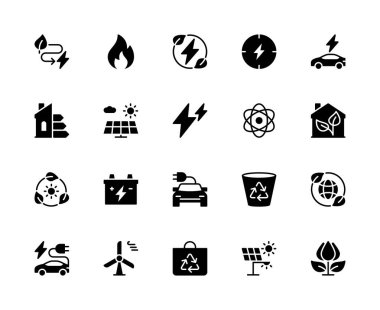 Enerji tasarrufu vektör silueti simgeleri ayarlandı. Yaprak, şimşek, oklar, ateş, çiçek, elektrik, araba, atom gibi ikonlar içerir. Beyaz arkaplanda enerji tasarrufu için izole simge koleksiyonu.