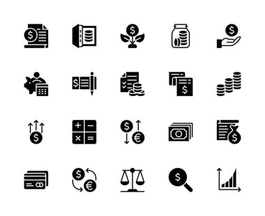 Para tasarrufu ve finans vektör silueti simgeleri ayarlandı. Kontrat, dolar, para, banka hesabı, kasa, bozuk para ve daha fazlası gibi ikonlar içeriyor. Beyaz arkaplanda izole para ilgili simgeler koleksiyonu.