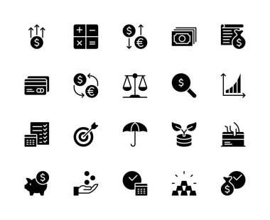Para tasarrufu ve finans vektör silueti simgeleri ayarlandı. Para, tasarruf artışı, dolar, para, avro ve daha fazlası gibi ikonlar içeriyor. Beyaz arkaplanda izole para ilgili simgeler koleksiyonu.