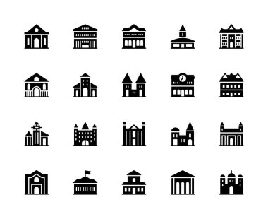 Vektör siluet simgeleri oluşturuluyor ve yapılandırılıyor. Dacha, bungalov, üniversite, ev, villa, kilise gibi ikonlar içerir. Beyaz arkaplanda izole bina simgeleri koleksiyonu.