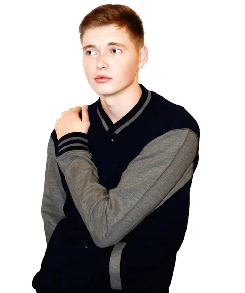 Male model in dark blue crew-neck garment — Stock Photo, Image