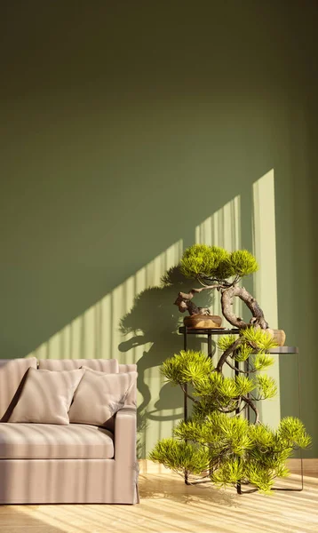 3d illustration of living room with green wall and pine bonsai. Modern green interior with plant on the stand, sunlight, shadows and copy space.