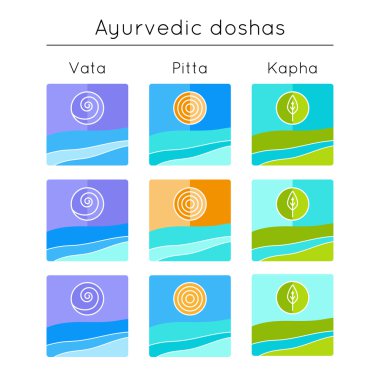 Ayurveda doshas vata, pide, kapha ile düz simgeler seti.