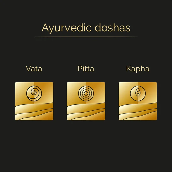 Ayurveda-Vektorillustration mit goldener Textur. Ayurvedische Elemente und Doshas Vata, Pitta, Kapha — Stockvektor