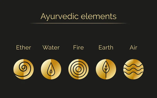 Ayurveda vektor illustration med gyllene konsistens. Doshas och Elements. — Stock vektor