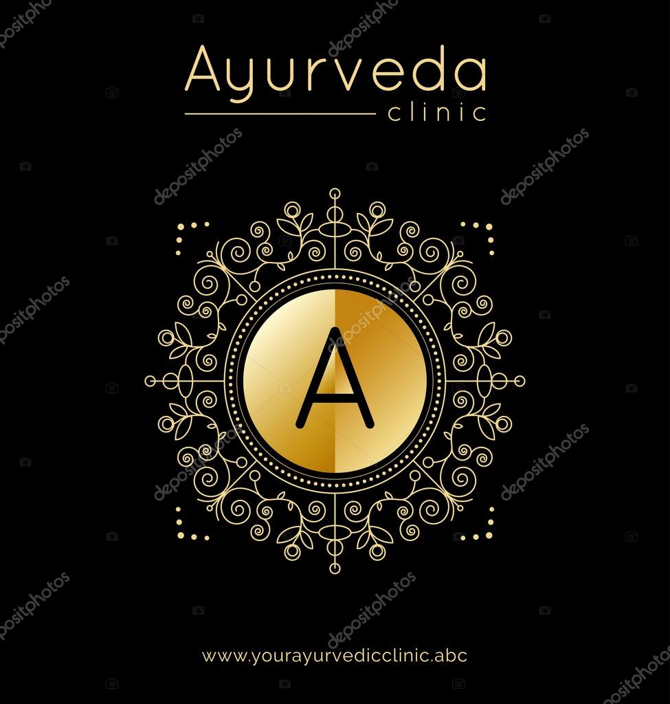 Ayurveda vector illustration. Logo template for ayurvedic clinic or center. Monogram with floral ornament for SPA, yoga studio, beauty salon. Poster design with calligraphic elements. Gold texture.
