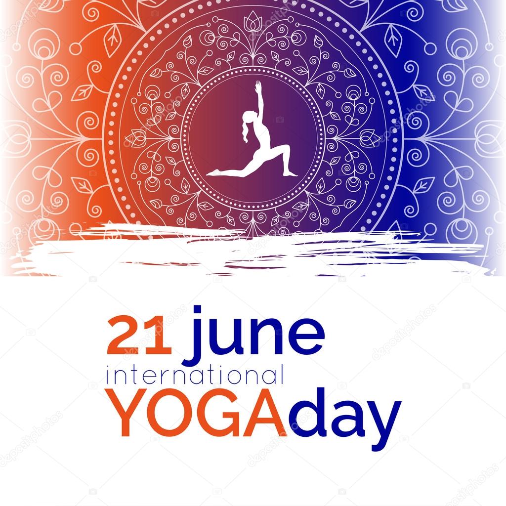 Vector yoga illustration. Template of poster for International Yoga Day. Flyer for 21 June, Yoga day. Woman does yoga exercises on ethnic pattern backdrop. Flat design. Girl silhouette. Flat letters.