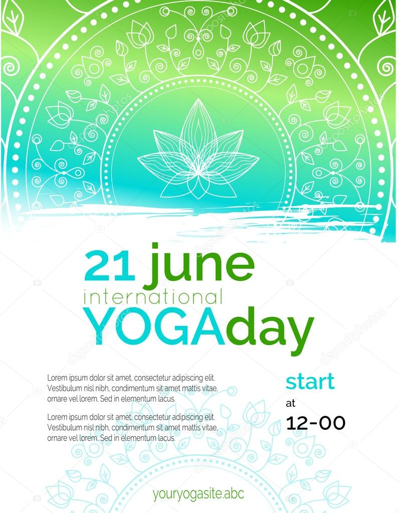 Vector yoga illustration. Template of poster for International Yoga Day. Flyer for 21 June, Yoga day. Lotus contour on ethnic pattern backdrop. Flat design. Linear illustration on gradient background.