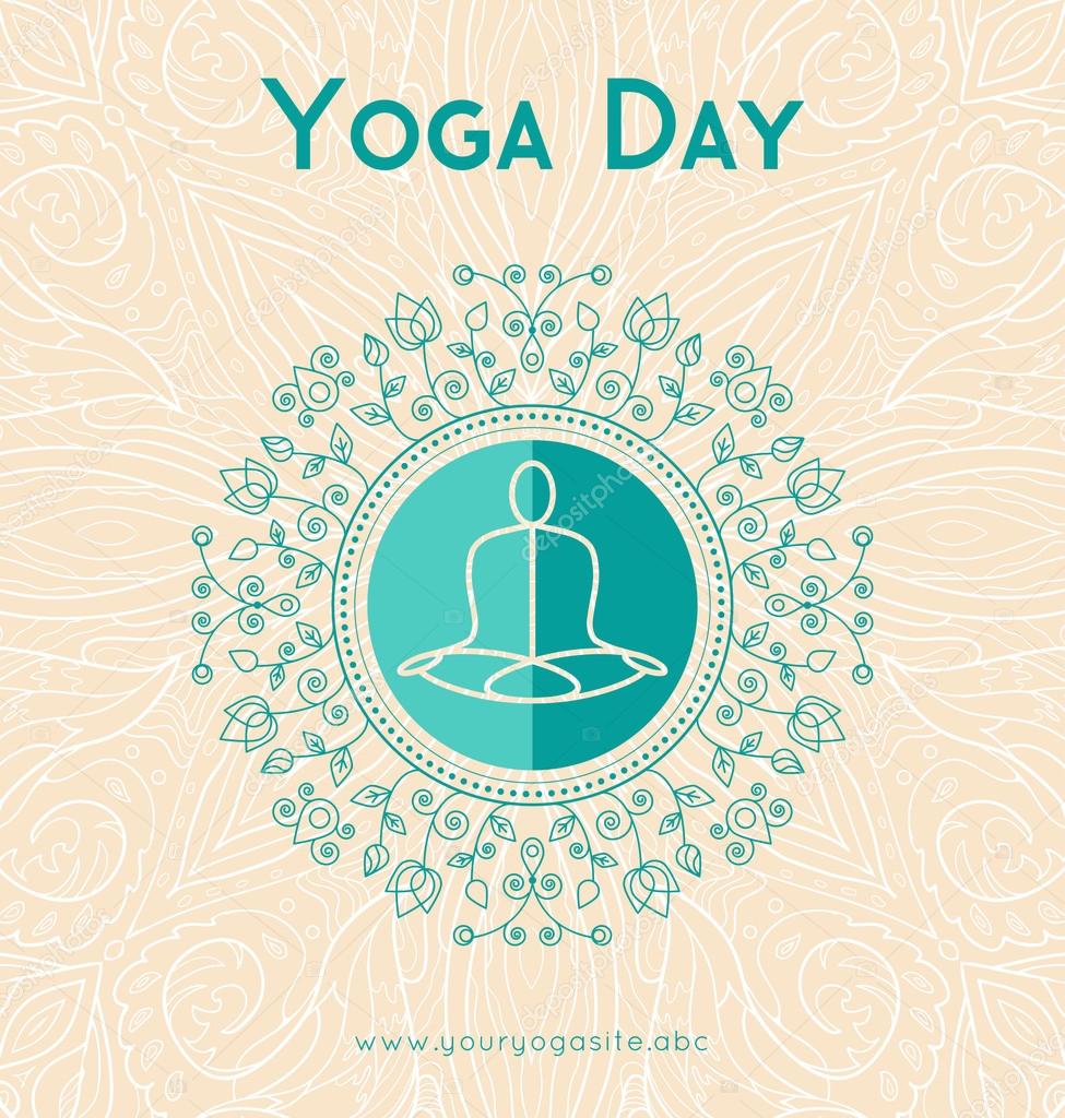 Vector yoga illustration. Template of poster for International Yoga Day. Flyer for 21 June, Yoga day. Yogi in lotus asana on ethnic pattern backdrop. Linear design. Trendy yoga poster, banner.
