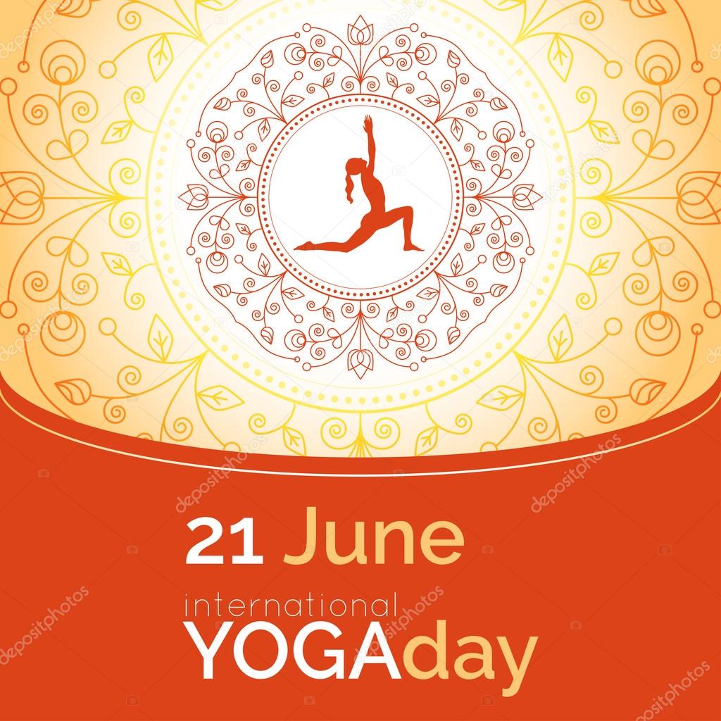 Vector yoga illustration. Template of poster for International Yoga Day. Flyer for 21 June, Yoga day. Girl does yoga exercises on ethnic pattern backdrop. Linear design. Trendy yoga poster, banner.