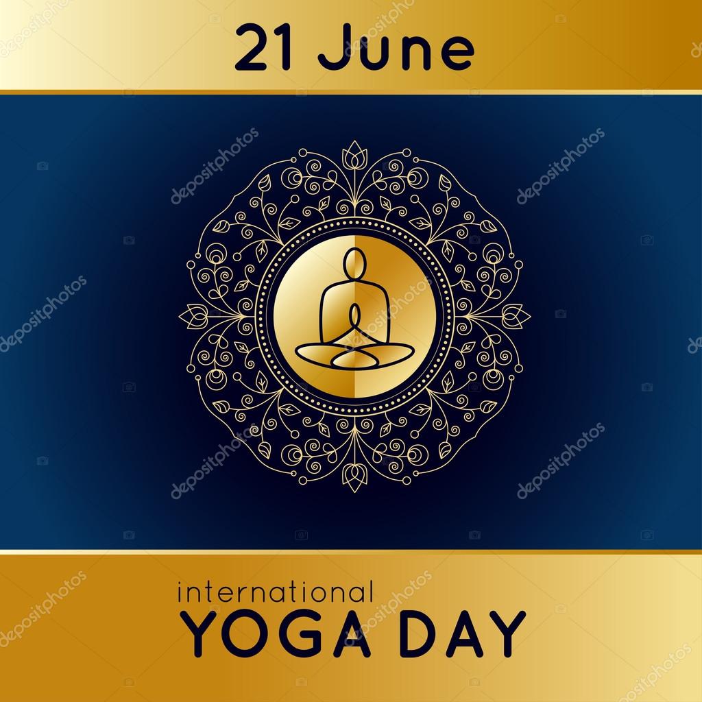 Vector yoga illustration with golden texture. Template of poster for International Yoga Day. Flyer for 21 June, Yoga day. Yogi in lotus asana on ethnic pattern backdrop. Linear design. Yoga poster.