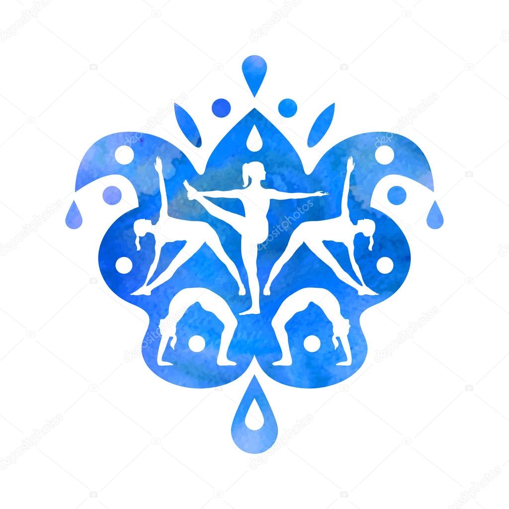 Vector yoga illustration with people silhouettes. Yoga design element with ethnic indian motive for poster or logo. Women in yoga poses on a watercolor background.