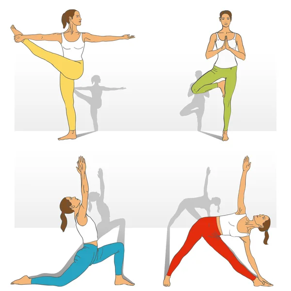 Yoga Studio. Yoga class. Set of yoga poses (girl in red, blue, yellow, green and white clothes). — Stock Vector