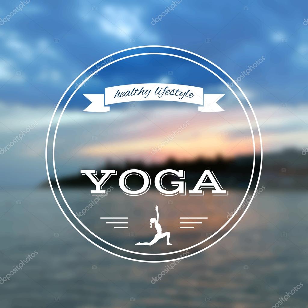 Vector yoga illustration. Name of yoga studio on a sunset background. Yoga class motto. Yoga sticker. Vector yoga. Yoga exercises, recreation, healthy lifestyle. Poster for yoga class with a sea view.