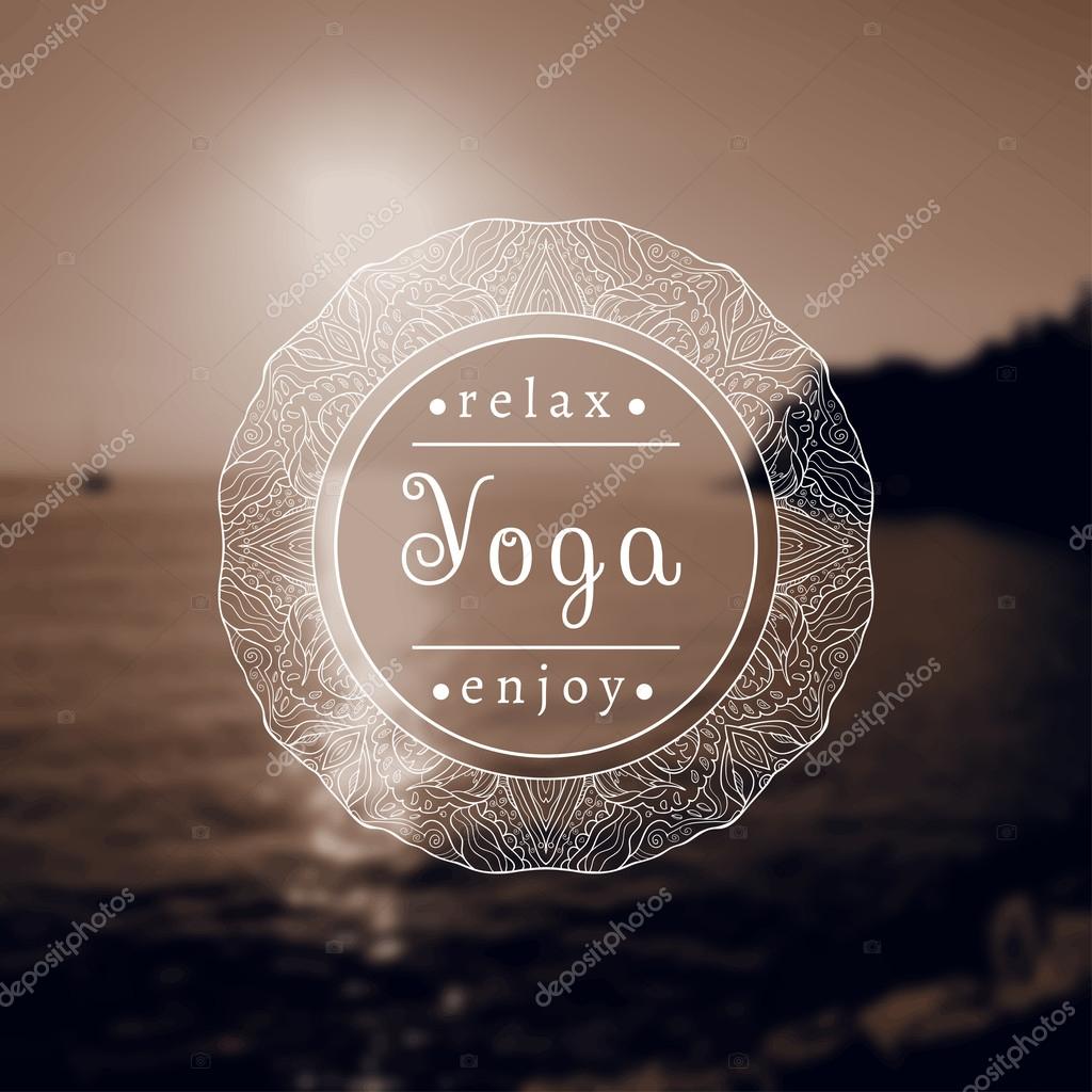 Vector yoga illustration. Name of yoga studio on a black and white background. Yoga class motto. Yoga sticker. Yoga exercises, recreation, healthy lifestyle. Poster for yoga class with a sea view.
