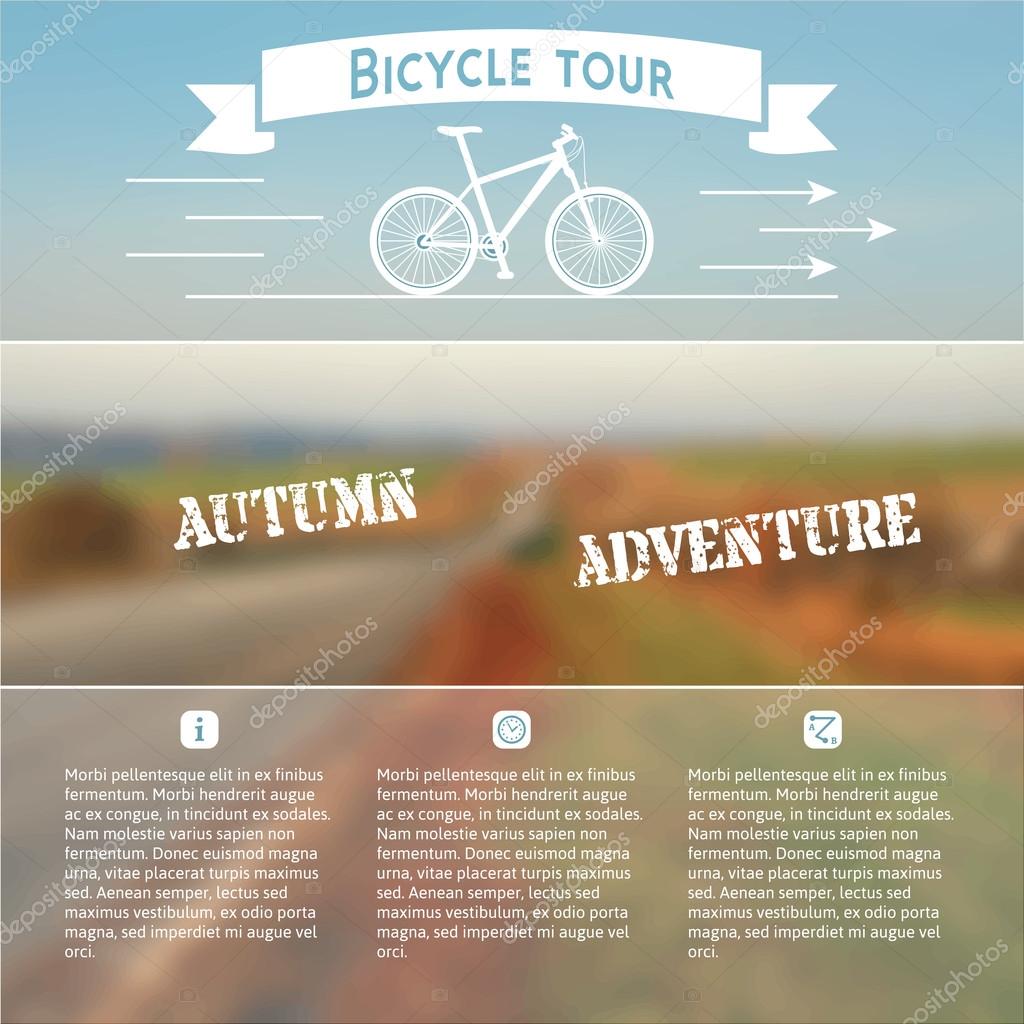 Poster for bike adventure with autumn landscape on a photo background. Motto, slogan and information for autumn bicycle tour. Bike on an autumn landscape background.