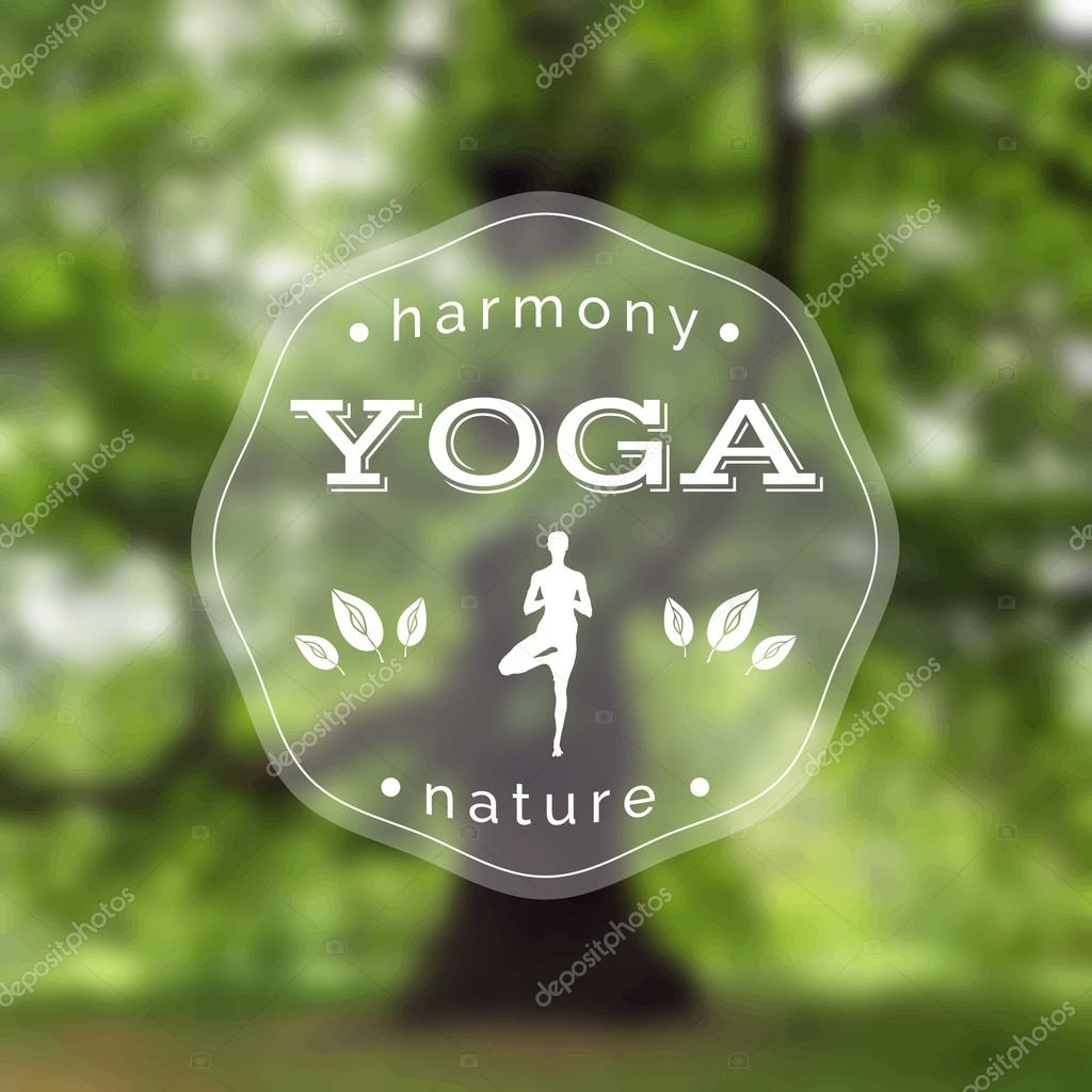 Vector yoga illustration. Name of yoga studio on a tree background. Yoga class motto. Yoga sticker with a girl. Yoga exercises, recreation, healthy lifestyle. Poster for yoga class with a nature view.