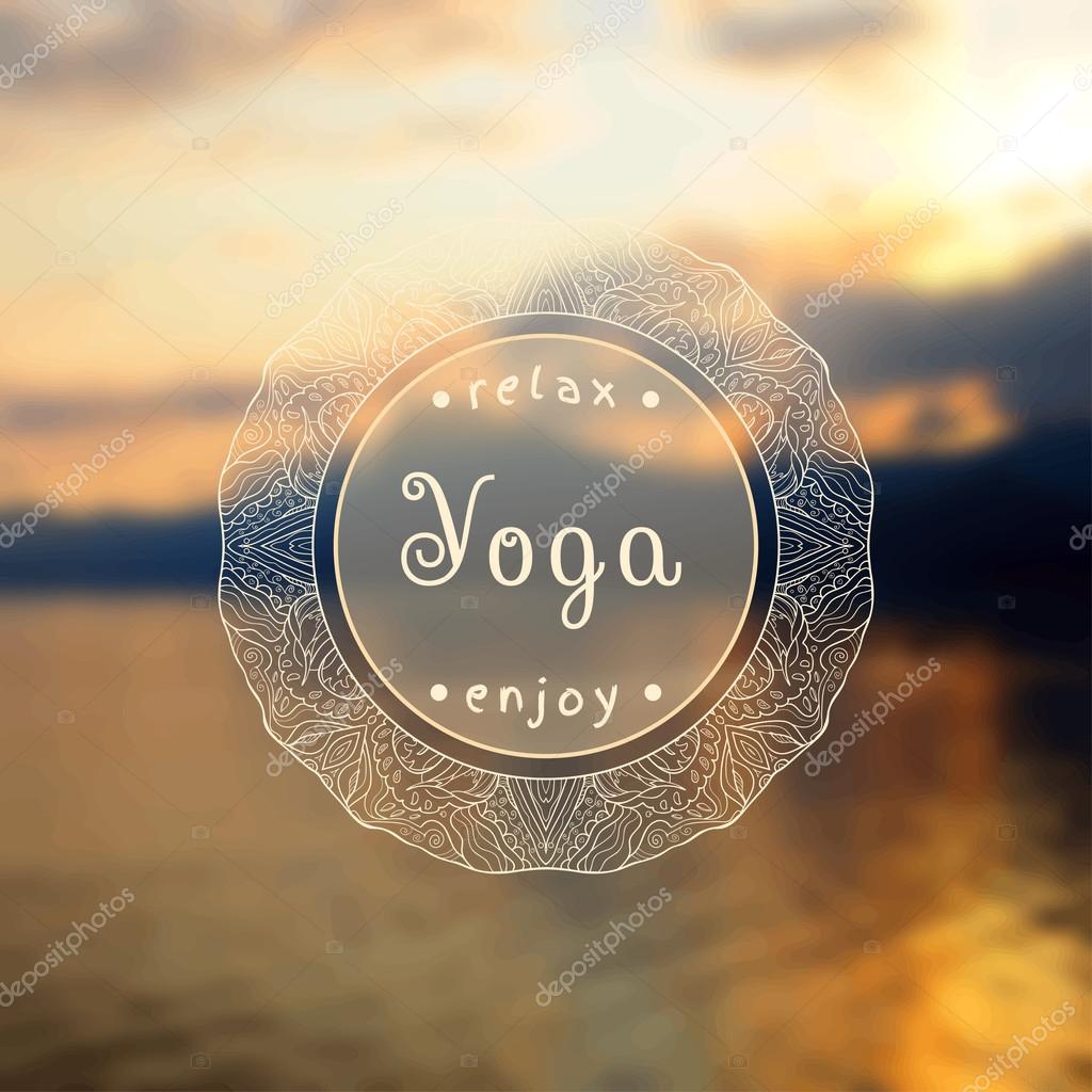 Vector yoga illustration. Name of yoga studio on a sunset background. Yoga class motto. Yoga sticker. Vector yoga. Yoga exercises, recreation, healthy lifestyle. Poster for yoga class with a sea view.