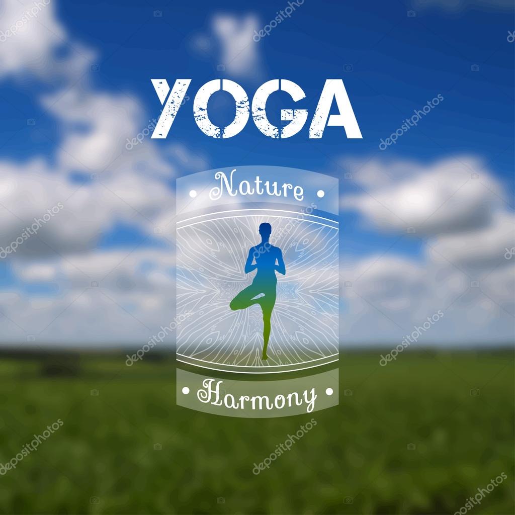 Vector yoga illustration. Name of yoga studio on a sunset background. Yoga class motto. Yoga sticker. Vector yoga. Yoga exercises, recreation, healthy lifestyle. Poster for yoga class with a sea view.
