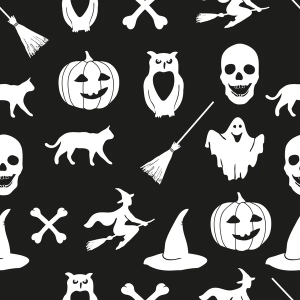 Weiße Halloween-Symbole auf schwarzem Hintergrund. — Stockvektor