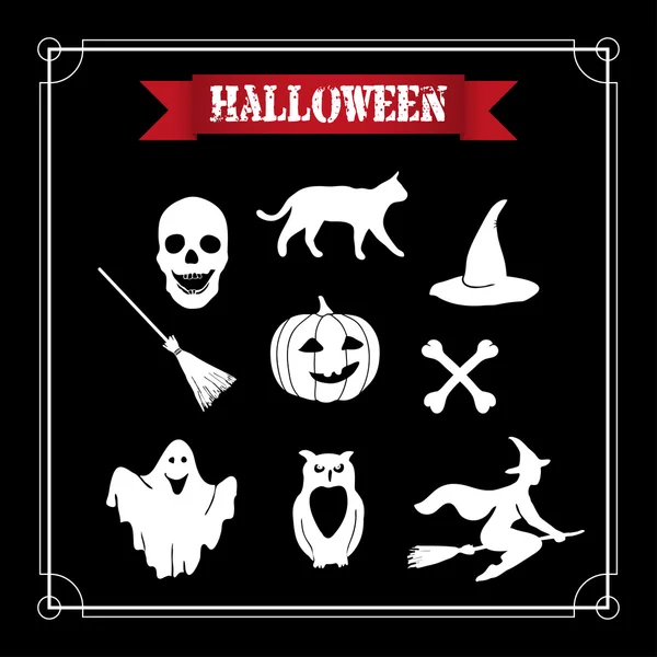 Halloween blanco ambientado sobre fondo negro . — Vector de stock