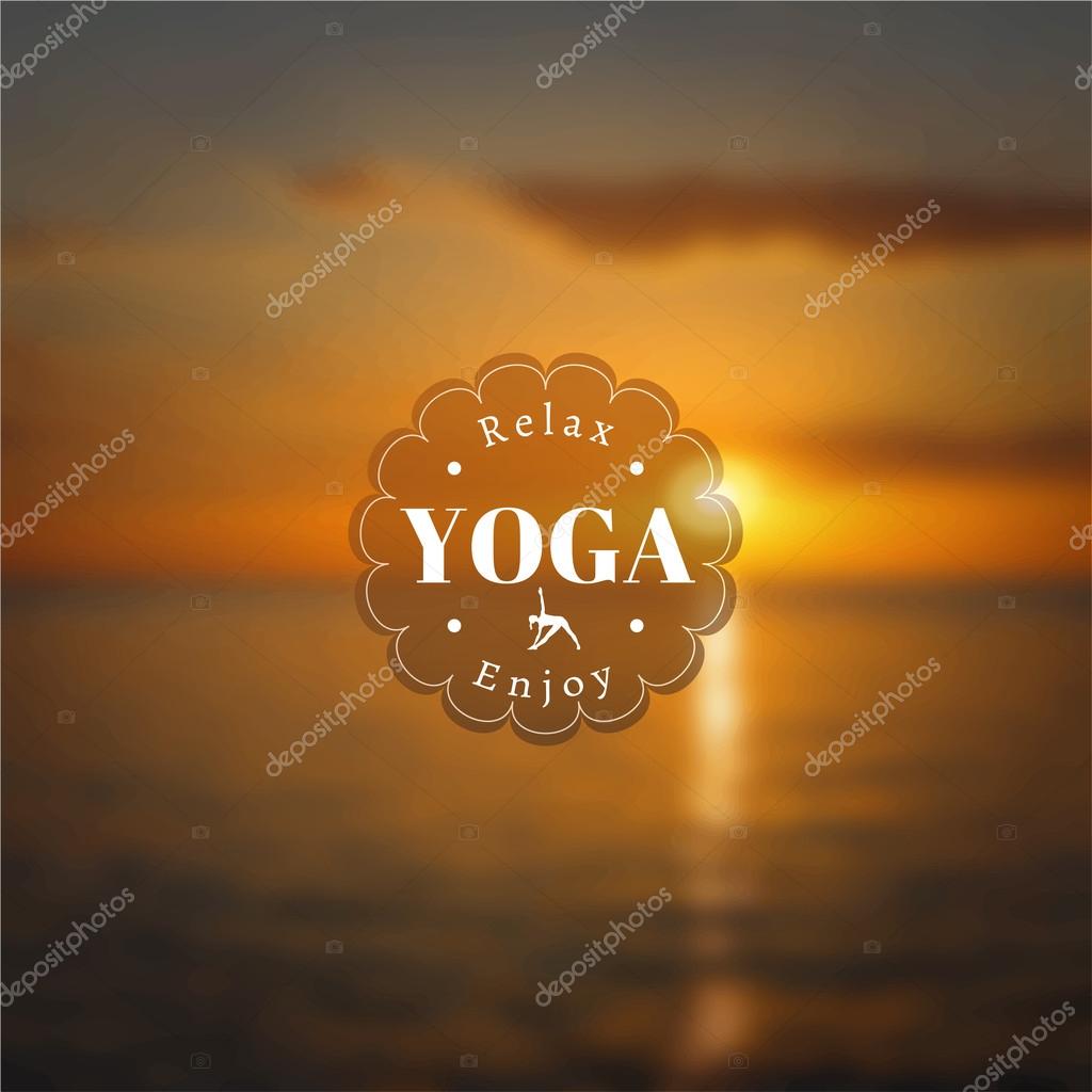 Vector yoga illustration. Name of yoga studio on a sunset background. Yoga class motto. Yoga sticker. Vector yoga. Yoga exercises, recreation, healthy lifestyle. Poster for yoga class with a sea view.