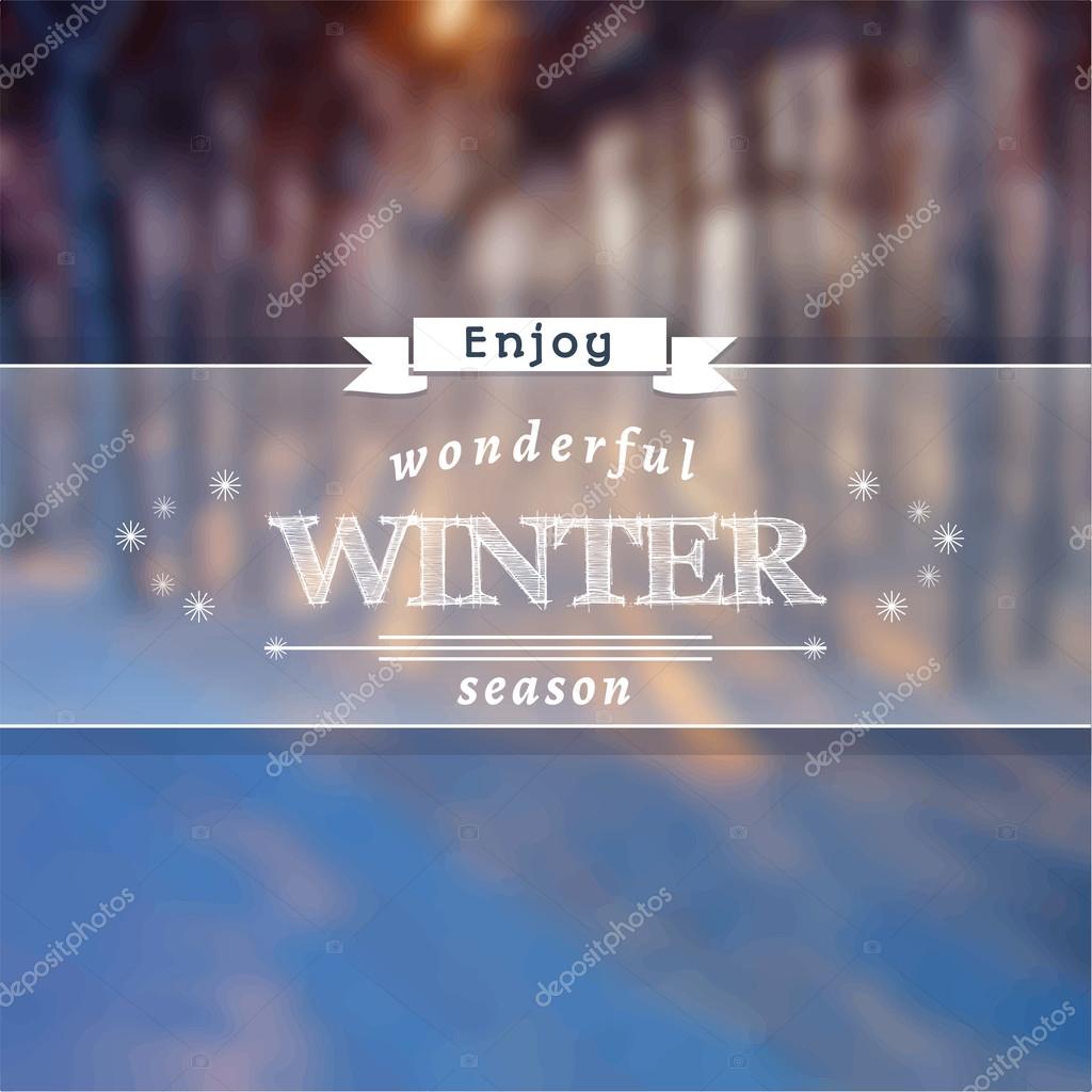 Poster with winter landscape. Motto, slogan for winter season. Winter forest in the snow. Square emblem for winter poster with snowdrifts. Photo background with a winter evening and sunset in a forest