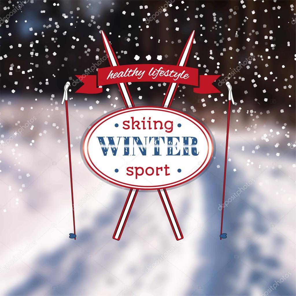 Poster with a winter landscape. Motto, slogan for winter season. Road in the snow. Emblem for winter poster with skiing. Photo background with a forest in the snow. Skiing vector. Winter sport.