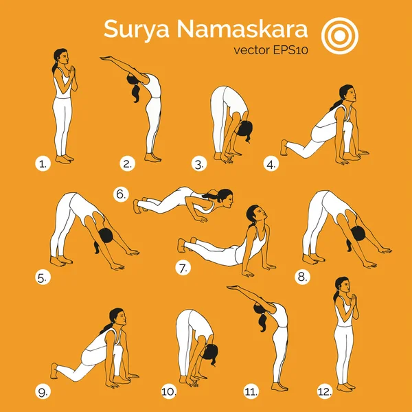 Surya Namaskara. Set de yoga . — Vector de stock